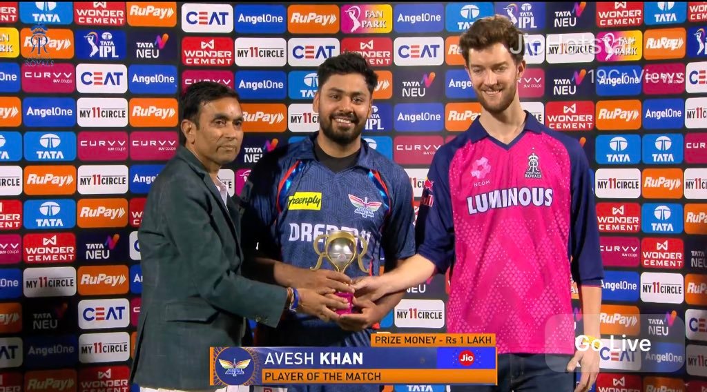Avesh Khan Shines Bright with Match-Winning Spell, Bags Player of the Match Award